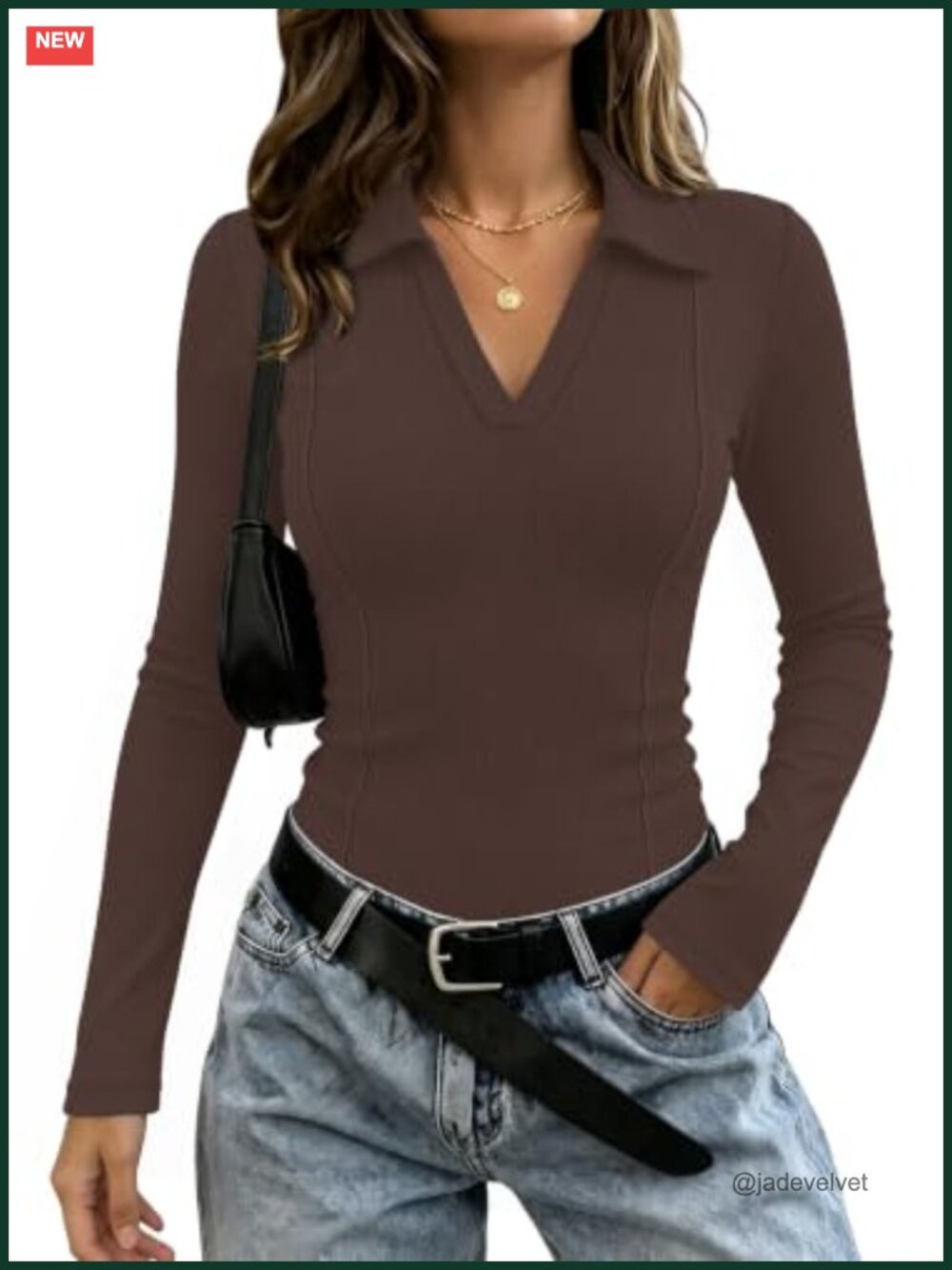 Womens Long Sleeve Polo Shirt Collared V Neck Ruched Fitted Business Casual Top